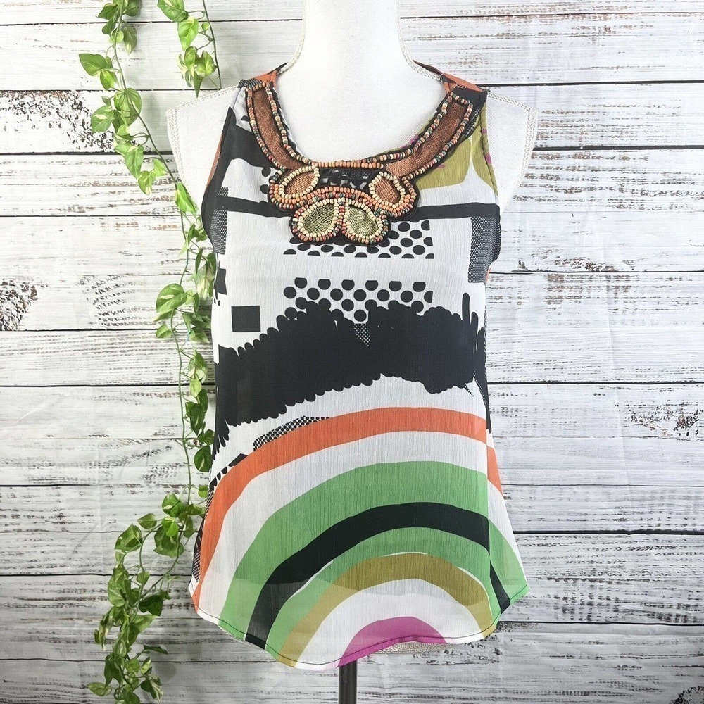 Desigual Blouse Tank Extra Small Orange Green Black Sheer Beads Cocktail Party